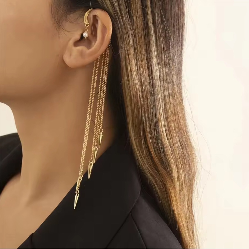 Gold Long Chain Drop Earring - Picture 4 of 12